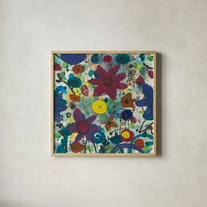 Jewel Garden I by Cheryl Warrick. Shown in a natural wood glass frame for a timeless modern aesthetic. Available as an archival giclee rolled canvas, fine art paper, or poster print. SKU 37827a.