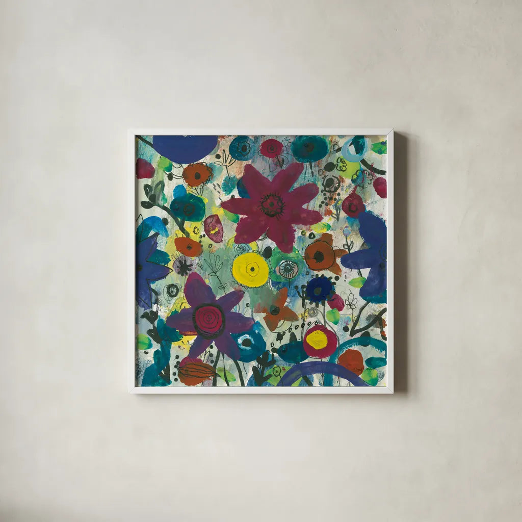 Jewel Garden I by Cheryl Warrick. Shown in a crisp white glass frame for a clean and minimalist style. Available as an archival giclee rolled canvas, fine art paper, or poster print. SKU 37827a.