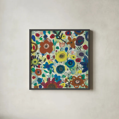 Jewel Garden II by Cheryl Warrick. Shown in a sleek black glass frame for a contemporary gallery look. Available as an archival giclee rolled canvas, fine art paper, or poster print. SKU 37828a.