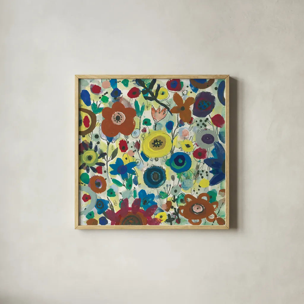 Jewel Garden II by Cheryl Warrick. Shown in a natural wood glass frame for a timeless modern aesthetic. Available as an archival giclee rolled canvas, fine art paper, or poster print. SKU 37828a.