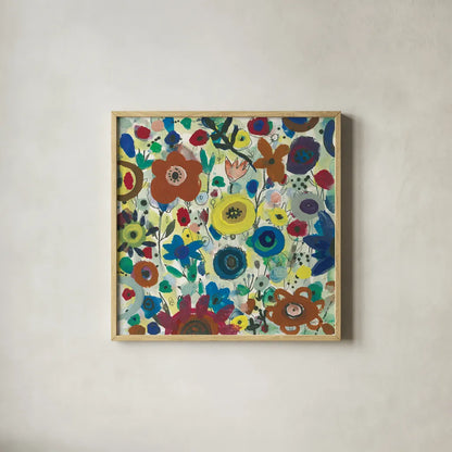 Jewel Garden II by Cheryl Warrick. Shown in a natural wood glass frame for a timeless modern aesthetic. Available as an archival giclee rolled canvas, fine art paper, or poster print. SKU 37828a.