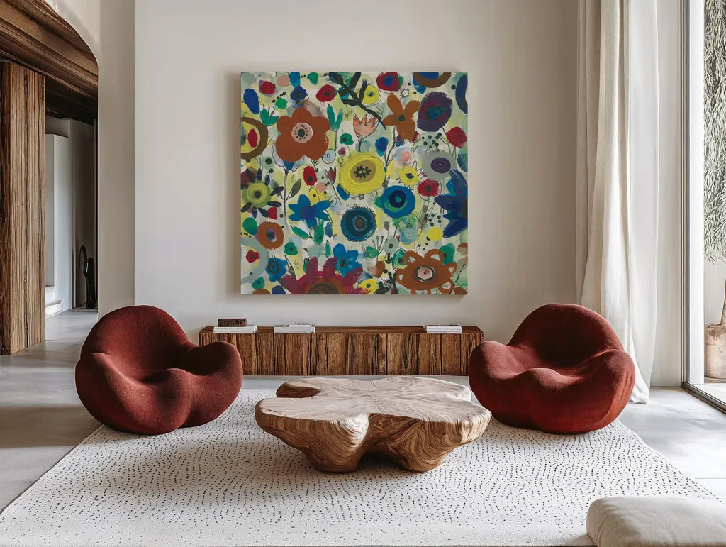 Jewel Garden II by Cheryl Warrick. Shown as extra-large giant wall art in a modern living room. Available as an archival giclee rolled canvas, fine art paper, or poster print. SKU 37828a.