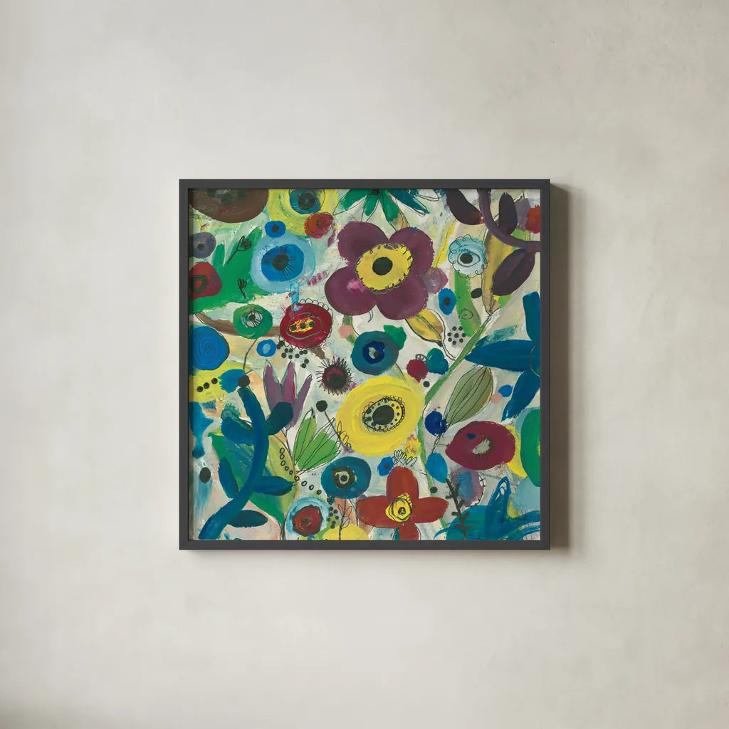 Jewel Garden III by Cheryl Warrick. Shown in a sleek black glass frame for a contemporary gallery look. Available as an archival giclee rolled canvas, fine art paper, or poster print. SKU 37829a.