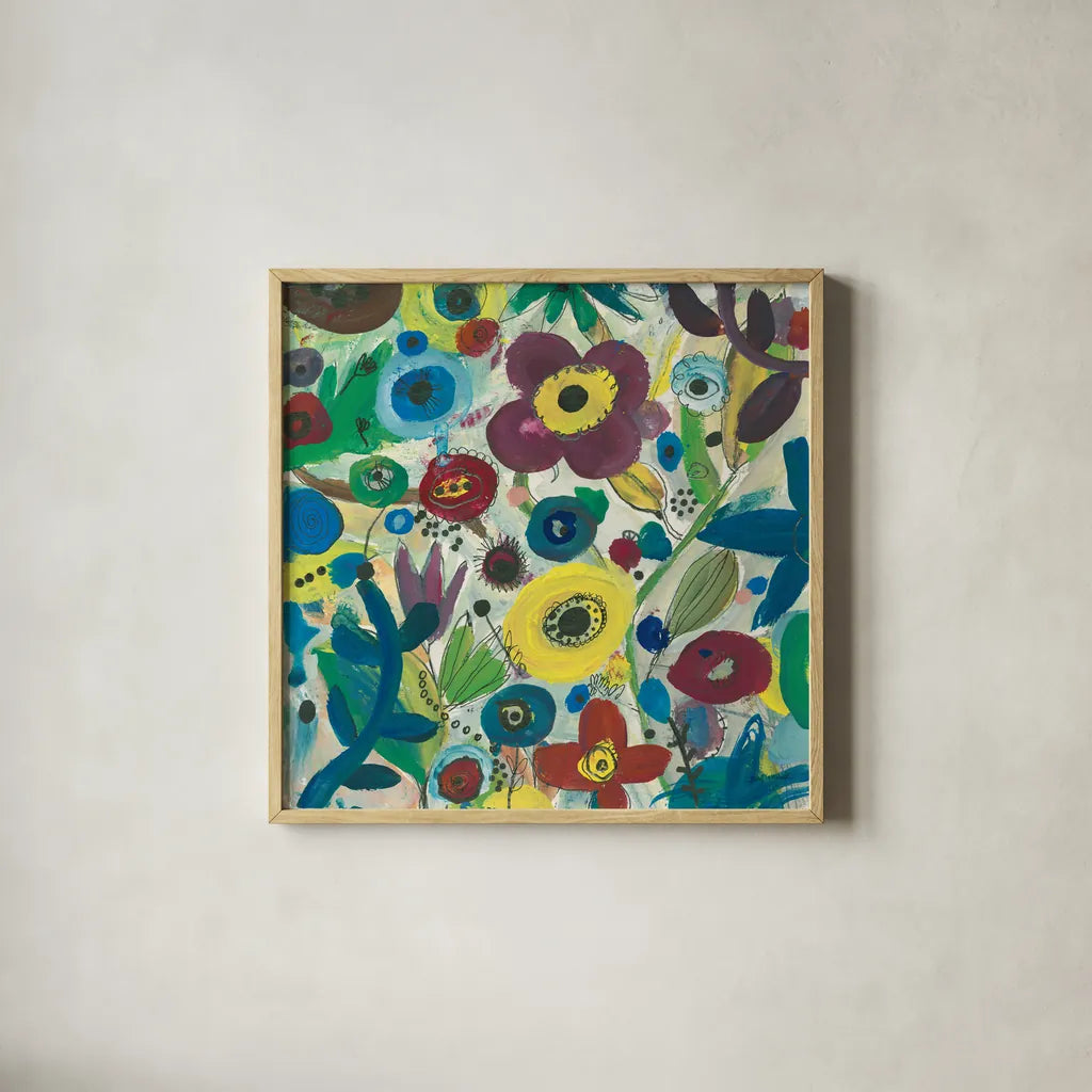 Jewel Garden III by Cheryl Warrick. Shown in a natural wood glass frame for a timeless modern aesthetic. Available as an archival giclee rolled canvas, fine art paper, or poster print. SKU 37829a.