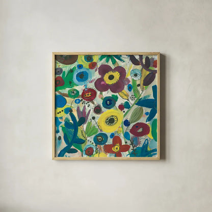 Jewel Garden III by Cheryl Warrick. Shown in a natural wood glass frame for a timeless modern aesthetic. Available as an archival giclee rolled canvas, fine art paper, or poster print. SKU 37829a.