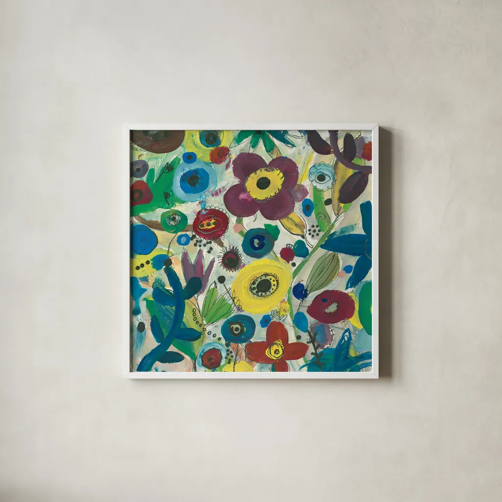 Jewel Garden III by Cheryl Warrick. Shown in a crisp white glass frame for a clean and minimalist style. Available as an archival giclee rolled canvas, fine art paper, or poster print. SKU 37829a.