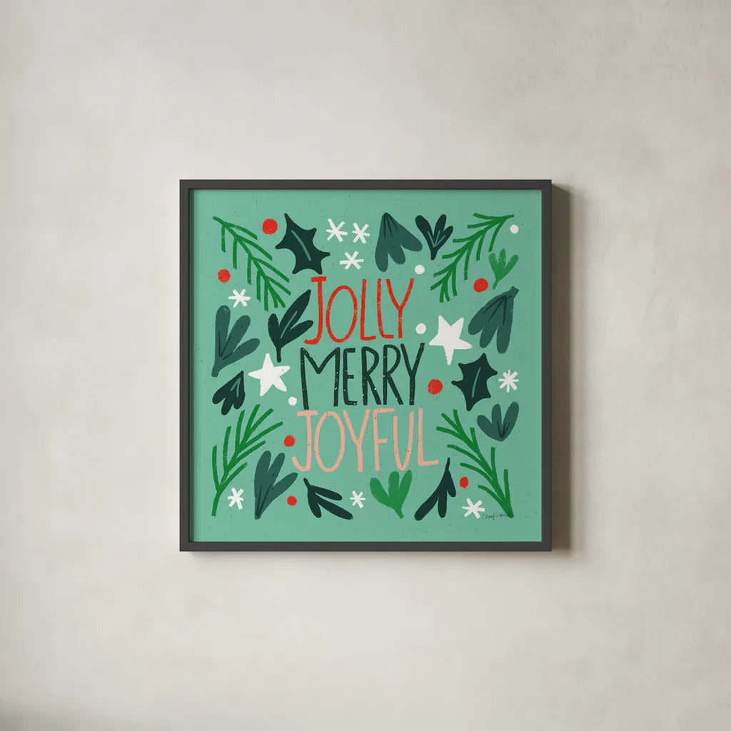 Joyful Holiday I by Cheryl Warrick. Shown in a sleek black glass frame for a contemporary gallery look. Available as an archival giclee rolled canvas, fine art paper, or poster print. SKU 87650a.