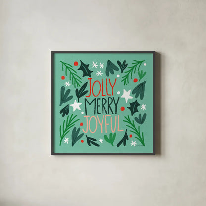 Joyful Holiday I by Cheryl Warrick. Shown in a sleek black glass frame for a contemporary gallery look. Available as an archival giclee rolled canvas, fine art paper, or poster print. SKU 87650a.