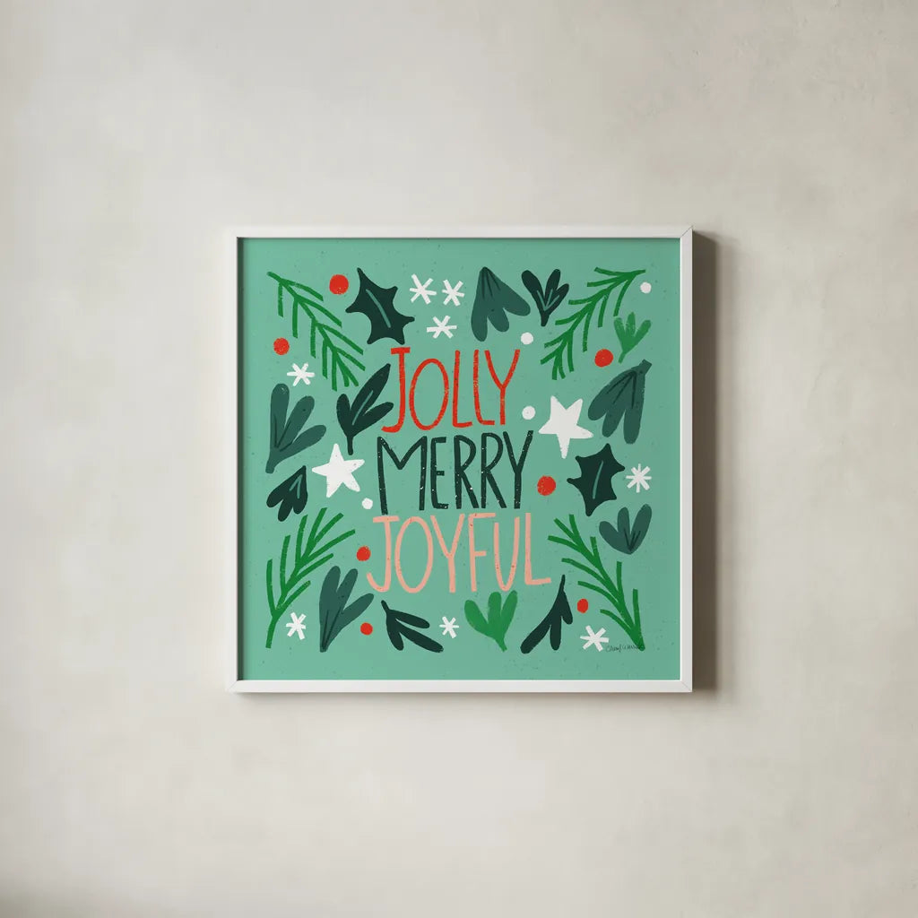 Joyful Holiday I by Cheryl Warrick. Shown in a crisp white glass frame for a clean and minimalist style. Available as an archival giclee rolled canvas, fine art paper, or poster print. SKU 87650a.