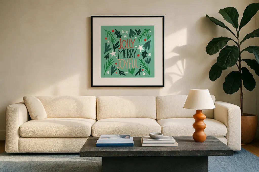 Joyful Holiday I by Cheryl Warrick. Displayed in a glass frame with matte in a clean modern living room. Available as an archival giclee rolled canvas, fine art paper, or poster print. SKU 87650a.