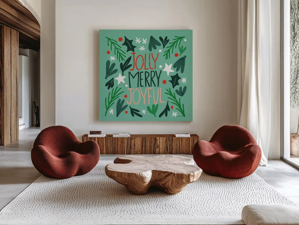 Joyful Holiday I by Cheryl Warrick. Shown as extra-large giant wall art in a modern living room. Available as an archival giclee rolled canvas, fine art paper, or poster print. SKU 87650a.