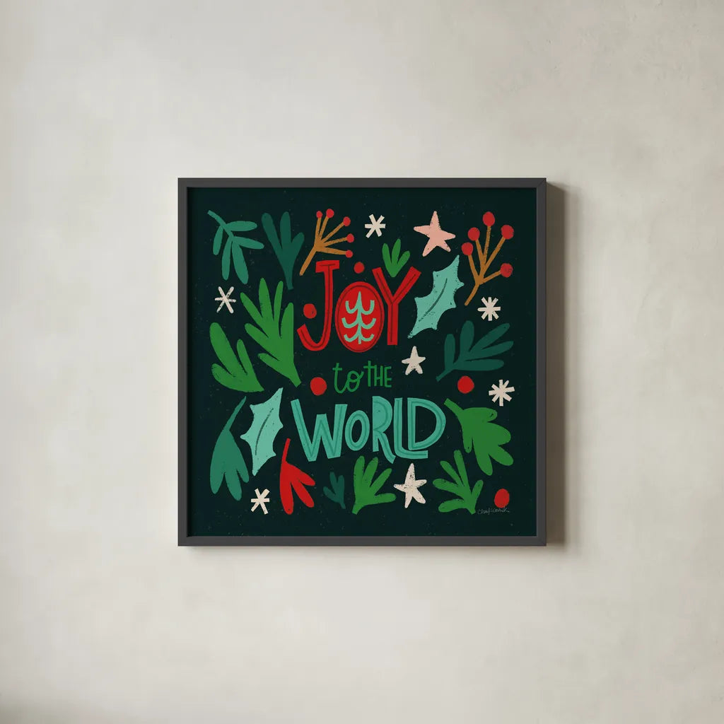 Joyful Holiday II by Cheryl Warrick. Shown in a sleek black glass frame for a contemporary gallery look. Available as an archival giclee rolled canvas, fine art paper, or poster print. SKU 87651a.