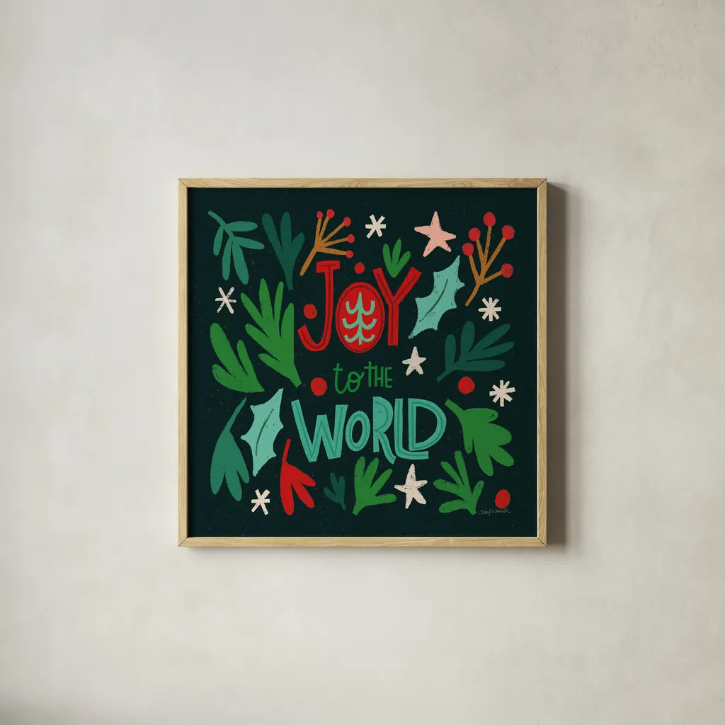 Joyful Holiday II by Cheryl Warrick. Shown in a natural wood glass frame for a timeless modern aesthetic. Available as an archival giclee rolled canvas, fine art paper, or poster print. SKU 87651a.