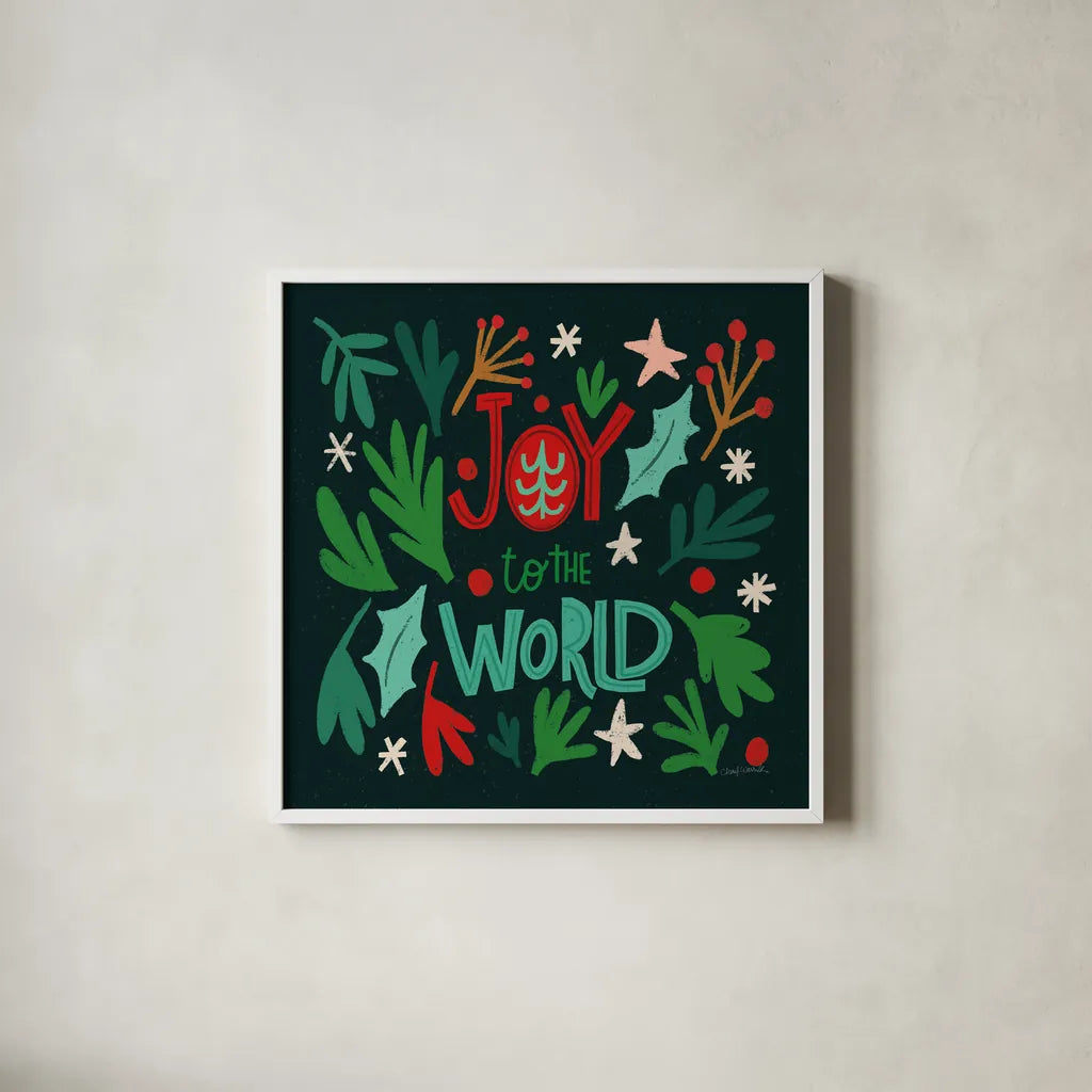 Joyful Holiday II by Cheryl Warrick. Shown in a crisp white glass frame for a clean and minimalist style. Available as an archival giclee rolled canvas, fine art paper, or poster print. SKU 87651a.