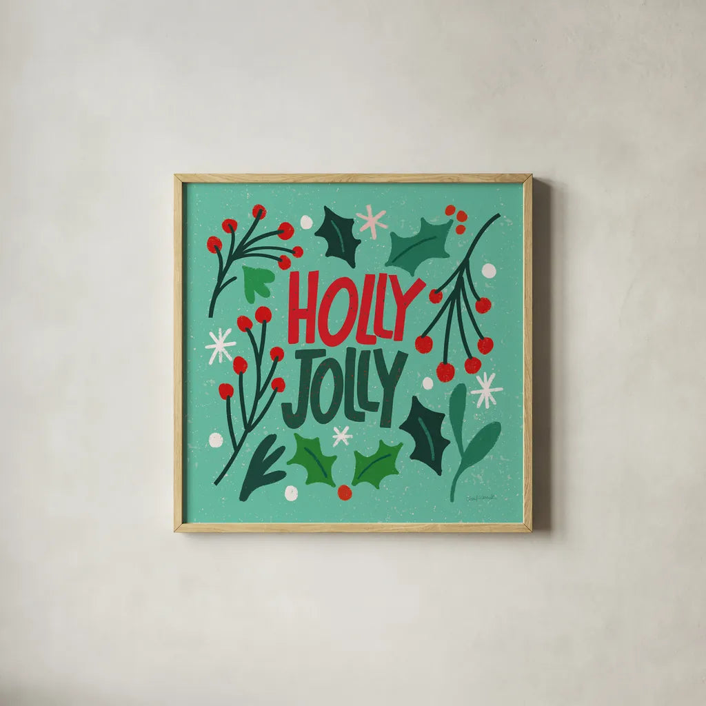 Joyful Holiday III by Cheryl Warrick. Shown in a natural wood glass frame for a timeless modern aesthetic. Available as an archival giclee rolled canvas, fine art paper, or poster print. SKU 87652a.