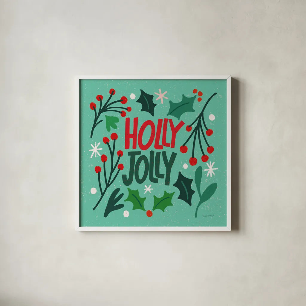 Joyful Holiday III by Cheryl Warrick. Shown in a crisp white glass frame for a clean and minimalist style. Available as an archival giclee rolled canvas, fine art paper, or poster print. SKU 87652a.