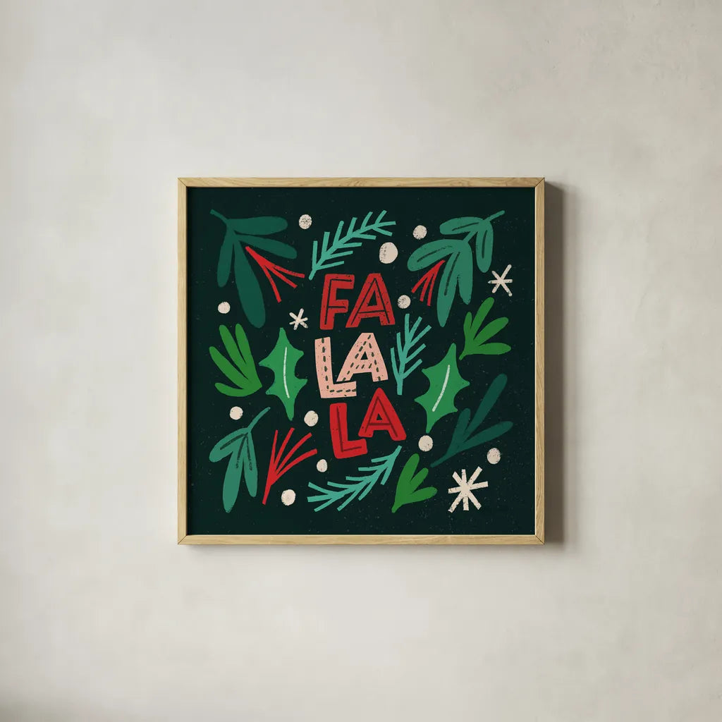 Joyful Holiday IV by Cheryl Warrick. Shown in a natural wood glass frame for a timeless modern aesthetic. Available as an archival giclee rolled canvas, fine art paper, or poster print. SKU 87653a.