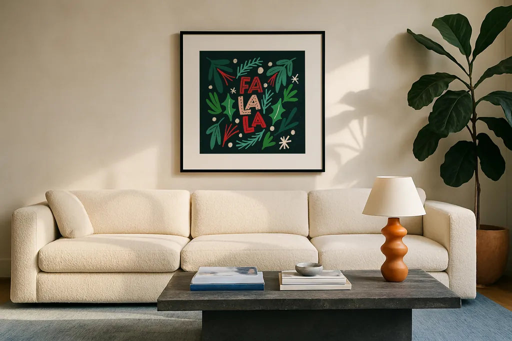 Joyful Holiday IV by Cheryl Warrick. Displayed in a glass frame with matte in a clean modern living room. Available as an archival giclee rolled canvas, fine art paper, or poster print. SKU 87653a.