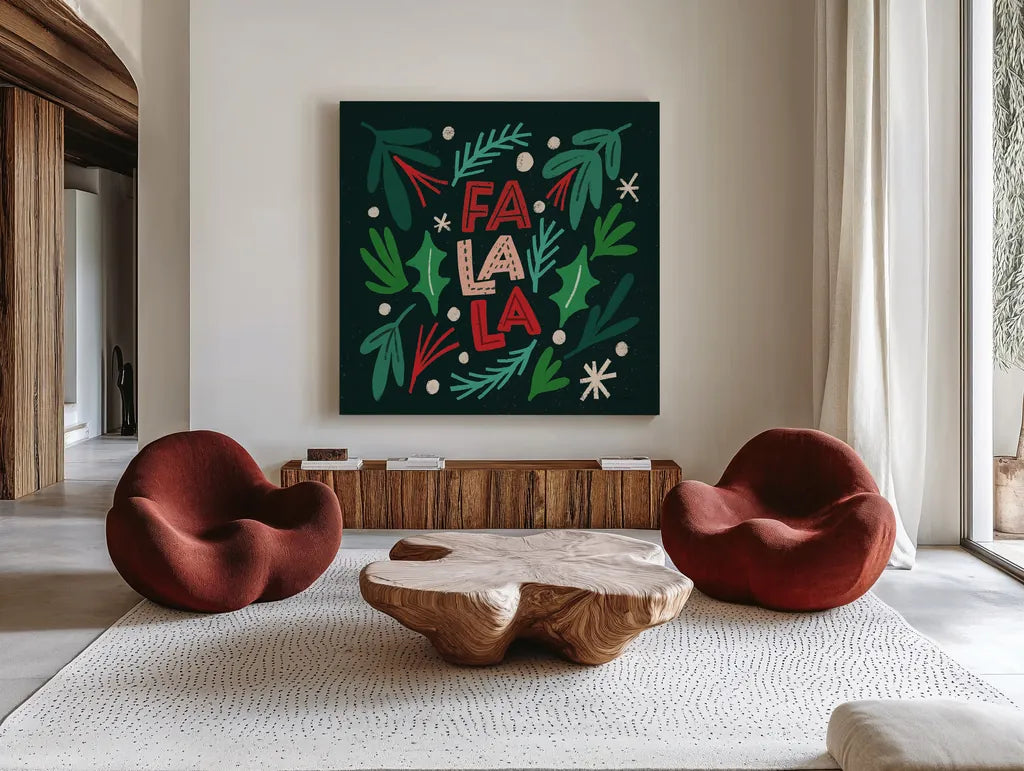 Joyful Holiday IV by Cheryl Warrick. Shown as extra-large giant wall art in a modern living room. Available as an archival giclee rolled canvas, fine art paper, or poster print. SKU 87653a.