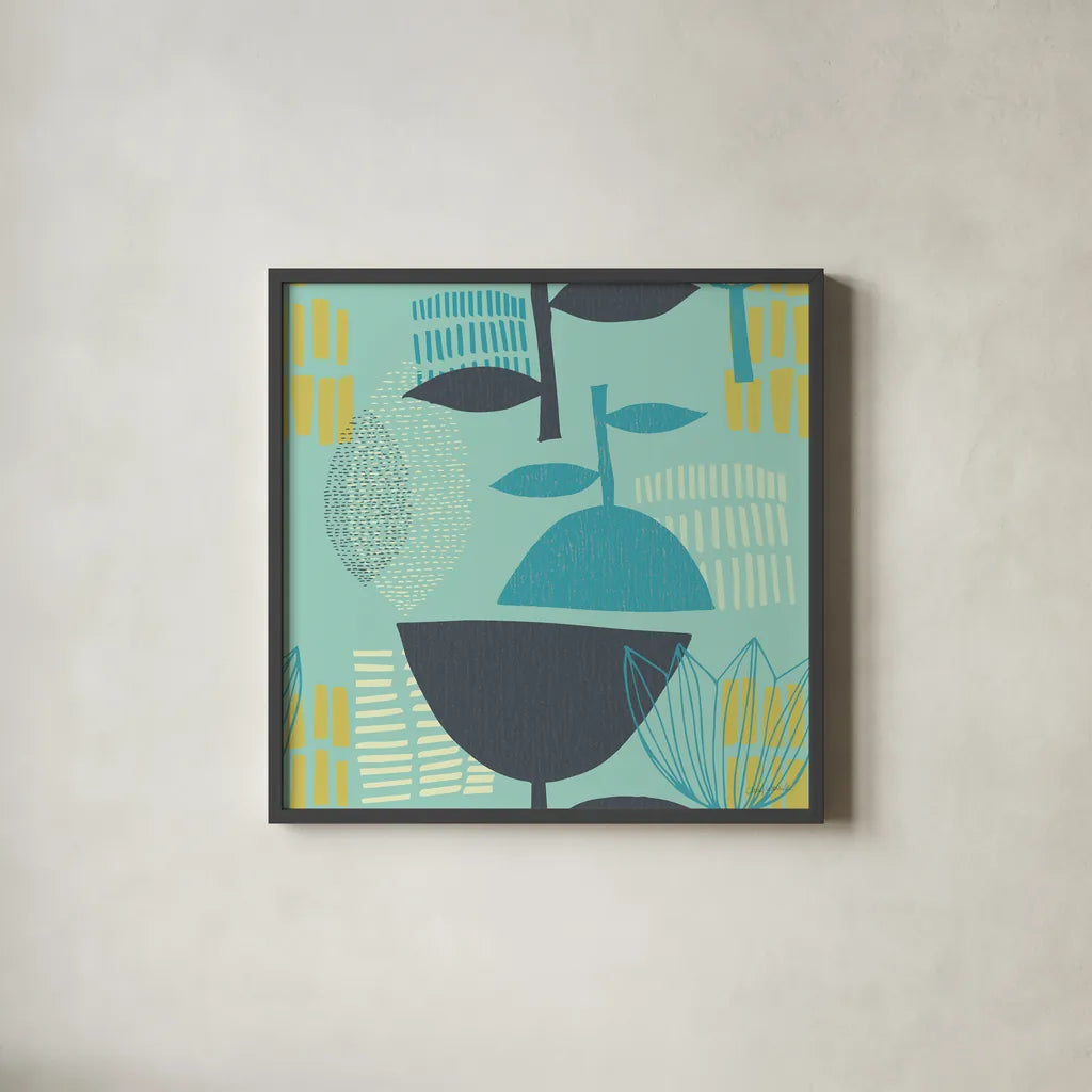 Jump Street Good Patch by Cheryl Warrick. Shown in a sleek black glass frame for a contemporary gallery look. Available as an archival giclee rolled canvas, fine art paper, or poster print. SKU 38055a.