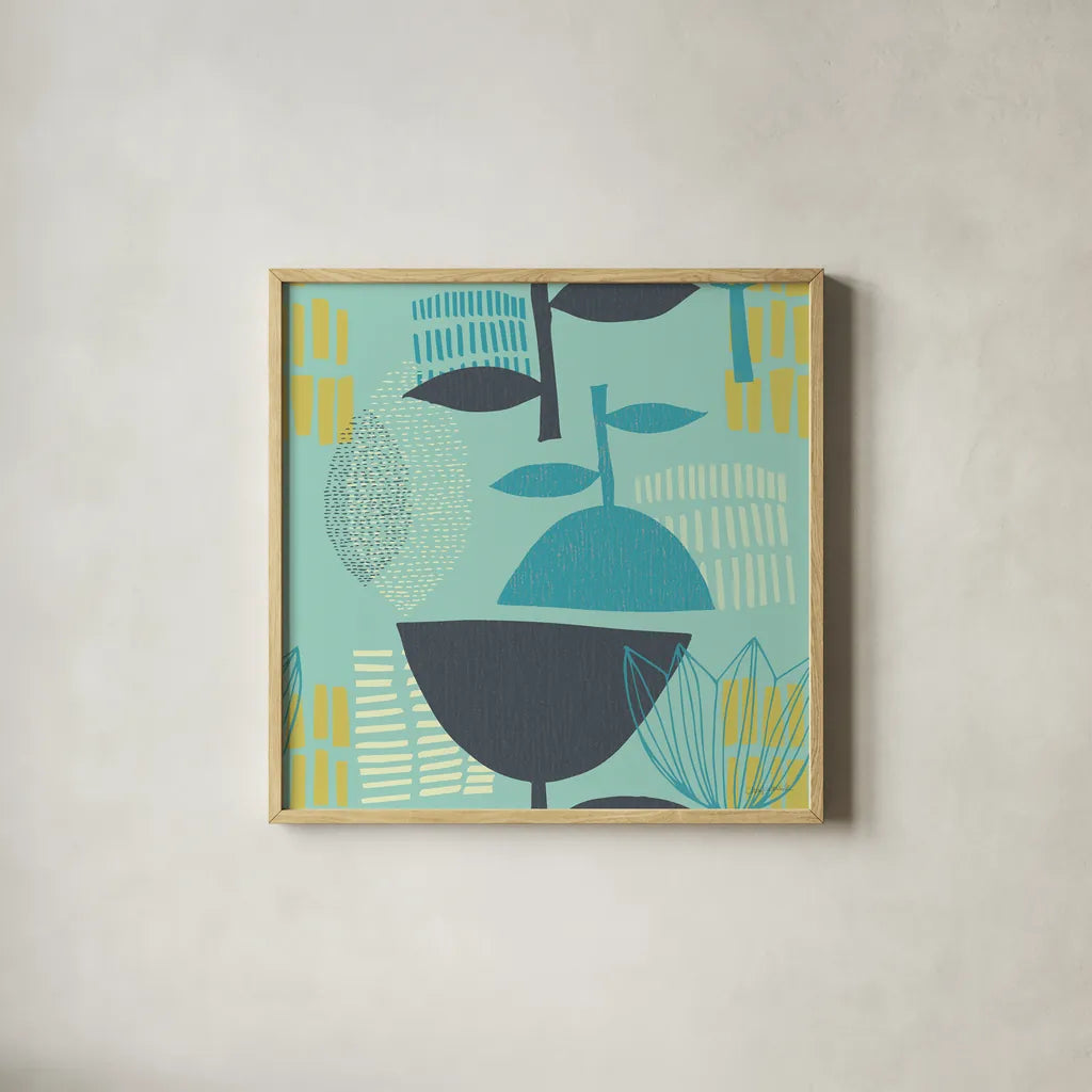 Jump Street Good Patch by Cheryl Warrick. Shown in a natural wood glass frame for a timeless modern aesthetic. Available as an archival giclee rolled canvas, fine art paper, or poster print. SKU 38055a.