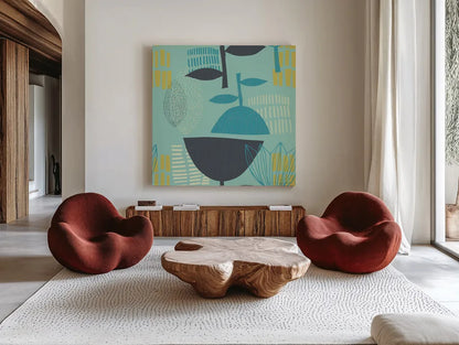 Jump Street Good Patch by Cheryl Warrick. Shown as extra-large giant wall art in a modern living room. Available as an archival giclee rolled canvas, fine art paper, or poster print. SKU 38055a.