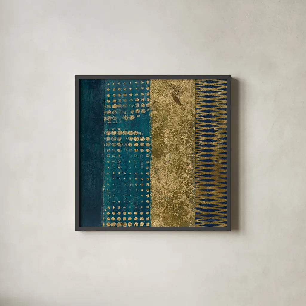 Juxtapose III Metallic by Cheryl Warrick. Shown in a sleek black glass frame for a contemporary gallery look. Available as an archival giclee rolled canvas, fine art paper, or poster print. SKU 19253a.