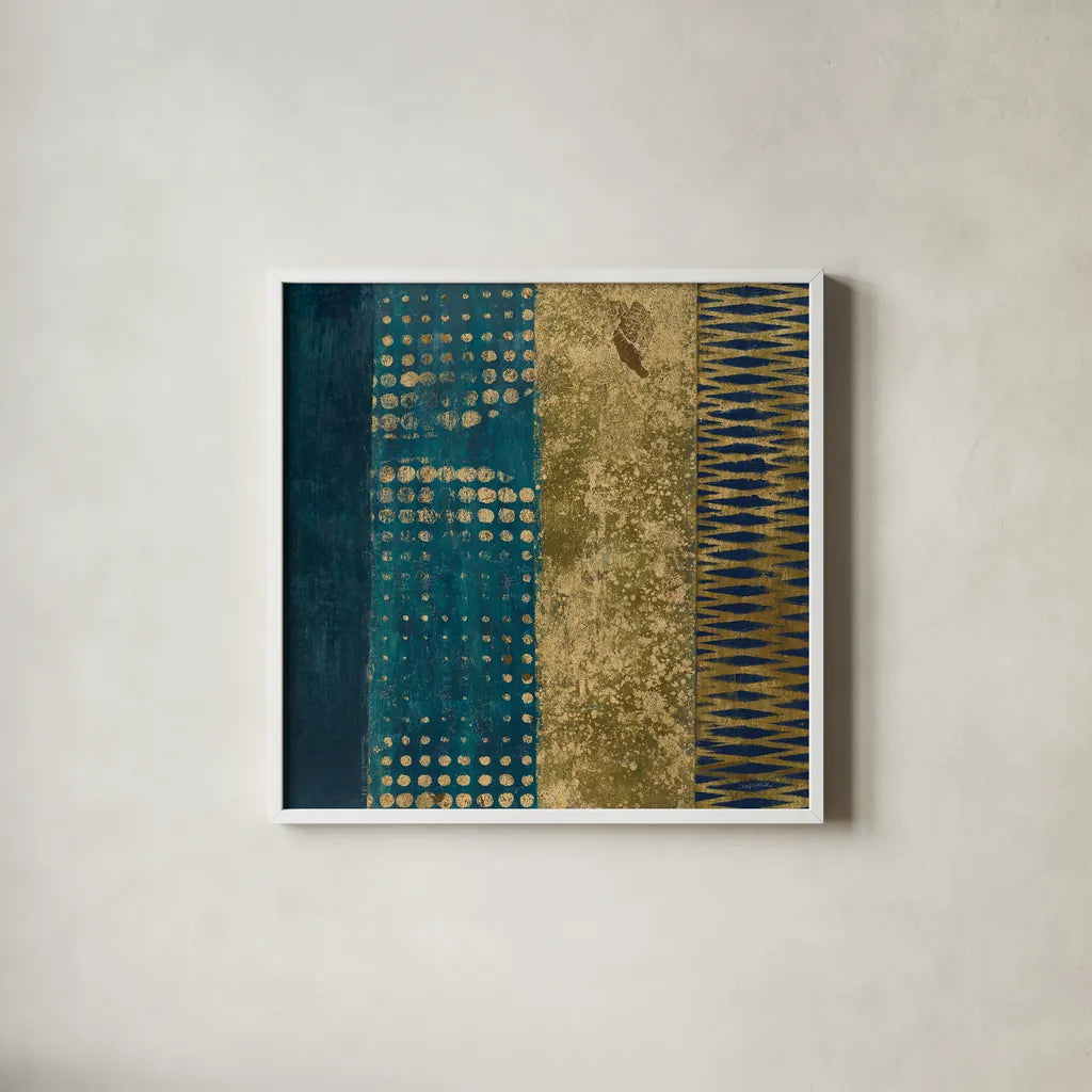 Juxtapose III Metallic by Cheryl Warrick. Shown in a crisp white glass frame for a clean and minimalist style. Available as an archival giclee rolled canvas, fine art paper, or poster print. SKU 19253a.