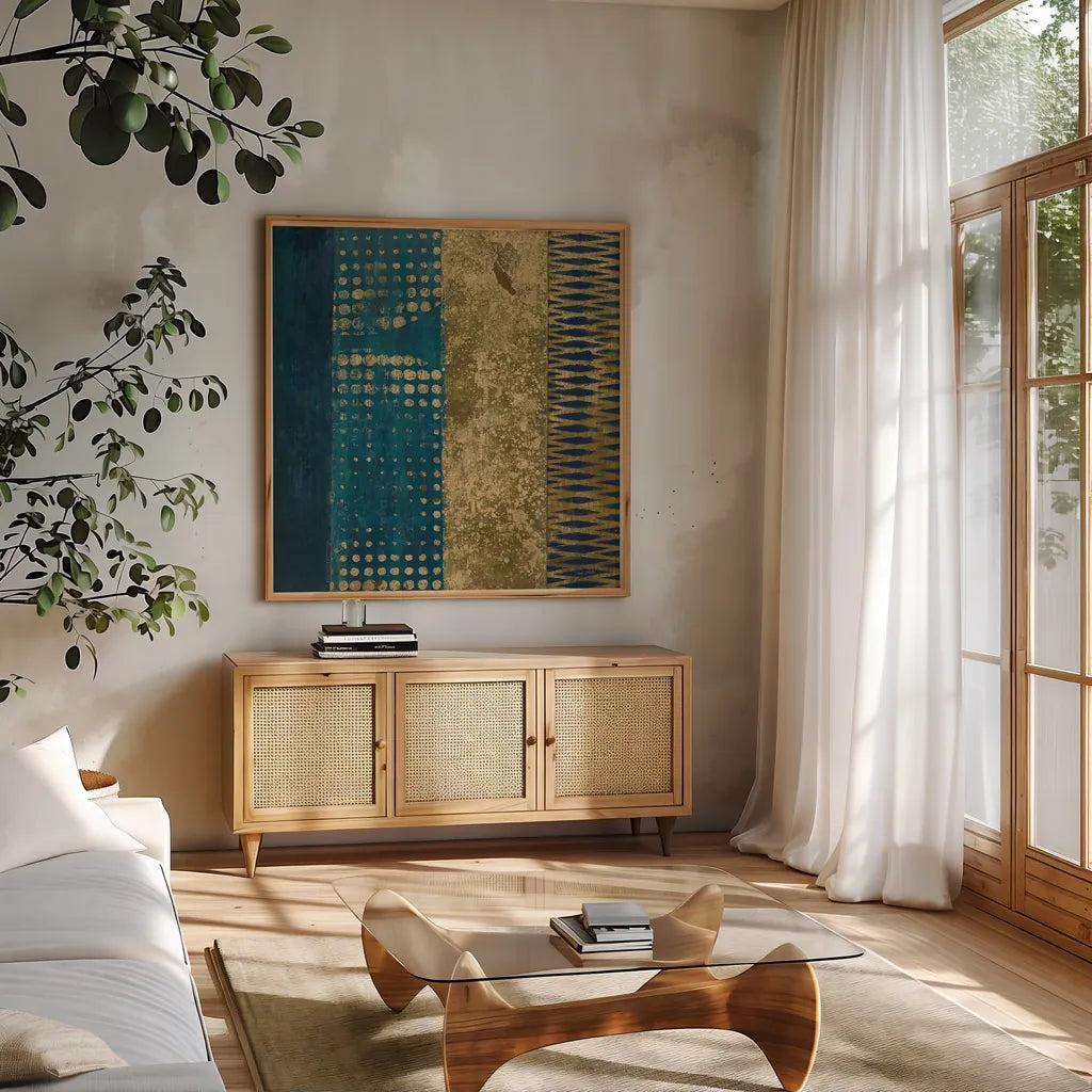 Juxtapose III Metallic by Cheryl Warrick. Shown in a natural wood frame in a cozy modern living room. Available as an archival giclee rolled canvas, fine art paper, or poster print. SKU 19253a.