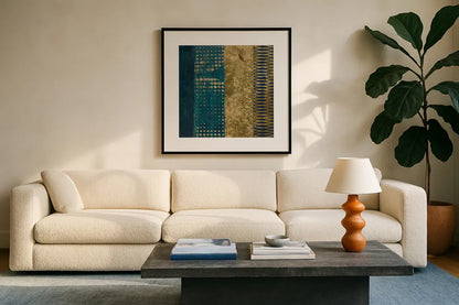 Juxtapose III Metallic by Cheryl Warrick. Displayed in a glass frame with matte in a clean modern living room. Available as an archival giclee rolled canvas, fine art paper, or poster print. SKU 19253a.