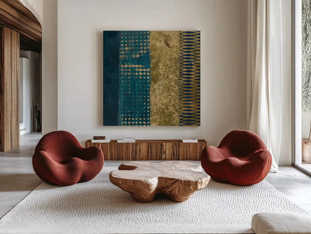 Juxtapose III Metallic by Cheryl Warrick. Shown as extra-large giant wall art in a modern living room. Available as an archival giclee rolled canvas, fine art paper, or poster print. SKU 19253a.