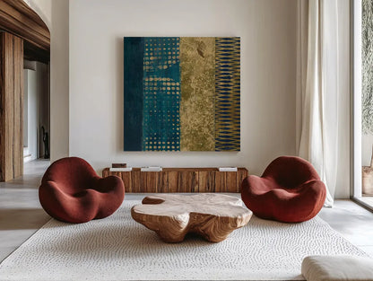 Juxtapose III Metallic by Cheryl Warrick. Shown as extra-large giant wall art in a modern living room. Available as an archival giclee rolled canvas, fine art paper, or poster print. SKU 19253a.