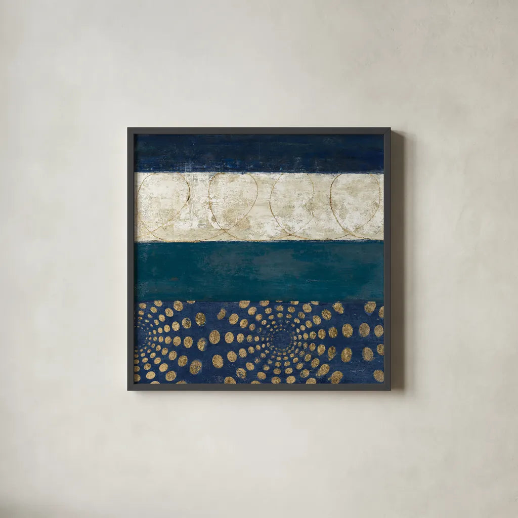 Juxtapose IV Metallic by Cheryl Warrick. Shown in a sleek black glass frame for a contemporary gallery look. Available as an archival giclee rolled canvas, fine art paper, or poster print. SKU 19254a.