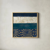 Juxtapose IV Metallic by Cheryl Warrick. Shown in a natural wood glass frame for a timeless modern aesthetic. Available as an archival giclee rolled canvas, fine art paper, or poster print. SKU 19254a.
