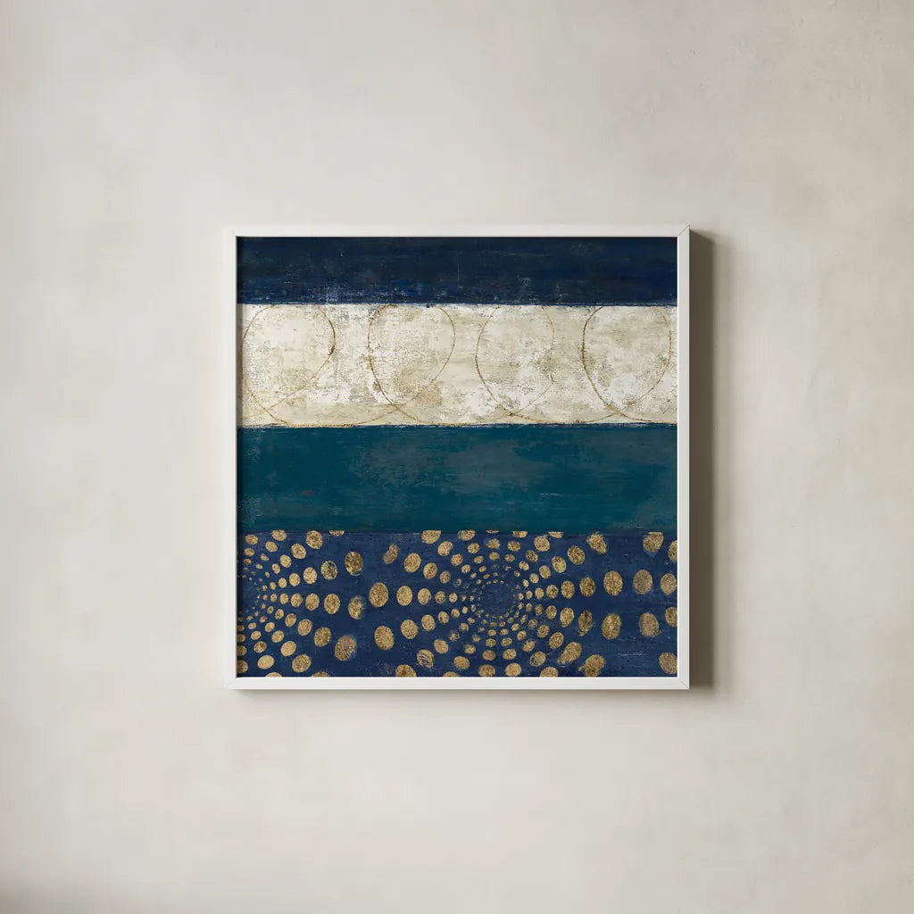 Juxtapose IV Metallic by Cheryl Warrick. Shown in a crisp white glass frame for a clean and minimalist style. Available as an archival giclee rolled canvas, fine art paper, or poster print. SKU 19254a.