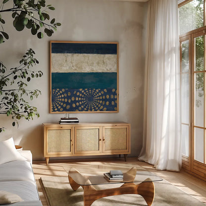 Juxtapose IV Metallic by Cheryl Warrick. Shown in a natural wood frame in a cozy modern living room. Available as an archival giclee rolled canvas, fine art paper, or poster print. SKU 19254a.