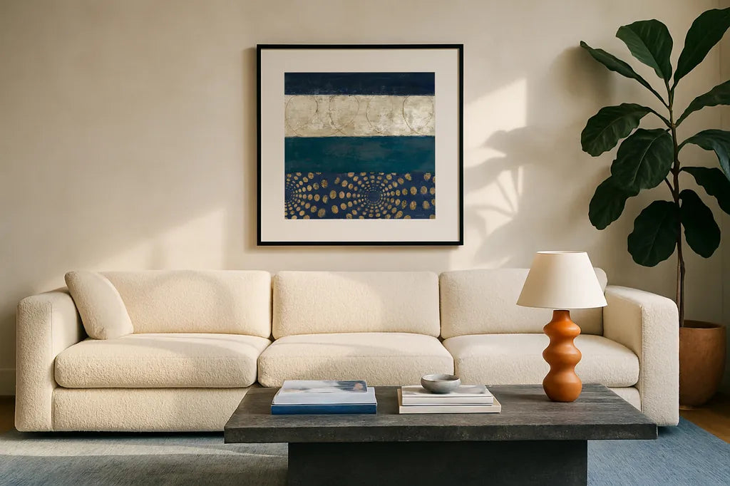 Juxtapose IV Metallic by Cheryl Warrick. Displayed in a glass frame with matte in a clean modern living room. Available as an archival giclee rolled canvas, fine art paper, or poster print. SKU 19254a.