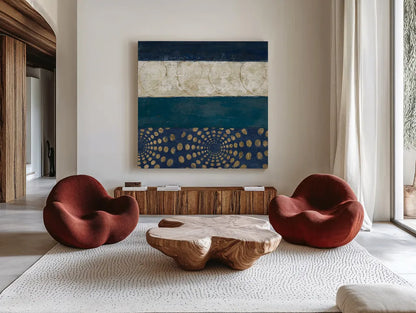 Juxtapose IV Metallic by Cheryl Warrick. Shown as extra-large giant wall art in a modern living room. Available as an archival giclee rolled canvas, fine art paper, or poster print. SKU 19254a.