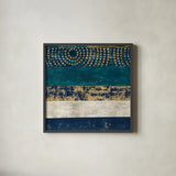 Juxtapose V Metallic by Cheryl Warrick. Shown in a sleek black glass frame for a contemporary gallery look. Available as an archival giclee rolled canvas, fine art paper, or poster print. SKU 19255a.