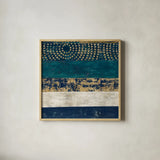 Juxtapose V Metallic by Cheryl Warrick. Shown in a natural wood glass frame for a timeless modern aesthetic. Available as an archival giclee rolled canvas, fine art paper, or poster print. SKU 19255a.