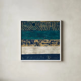 Juxtapose V Metallic by Cheryl Warrick. Shown in a crisp white glass frame for a clean and minimalist style. Available as an archival giclee rolled canvas, fine art paper, or poster print. SKU 19255a.