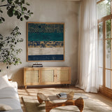 Juxtapose V Metallic by Cheryl Warrick. Shown in a natural wood frame in a cozy modern living room. Available as an archival giclee rolled canvas, fine art paper, or poster print. SKU 19255a.