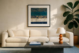 Juxtapose V Metallic by Cheryl Warrick. Displayed in a glass frame with matte in a clean modern living room. Available as an archival giclee rolled canvas, fine art paper, or poster print. SKU 19255a.