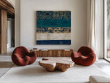 Juxtapose V Metallic by Cheryl Warrick. Shown as extra-large giant wall art in a modern living room. Available as an archival giclee rolled canvas, fine art paper, or poster print. SKU 19255a.
