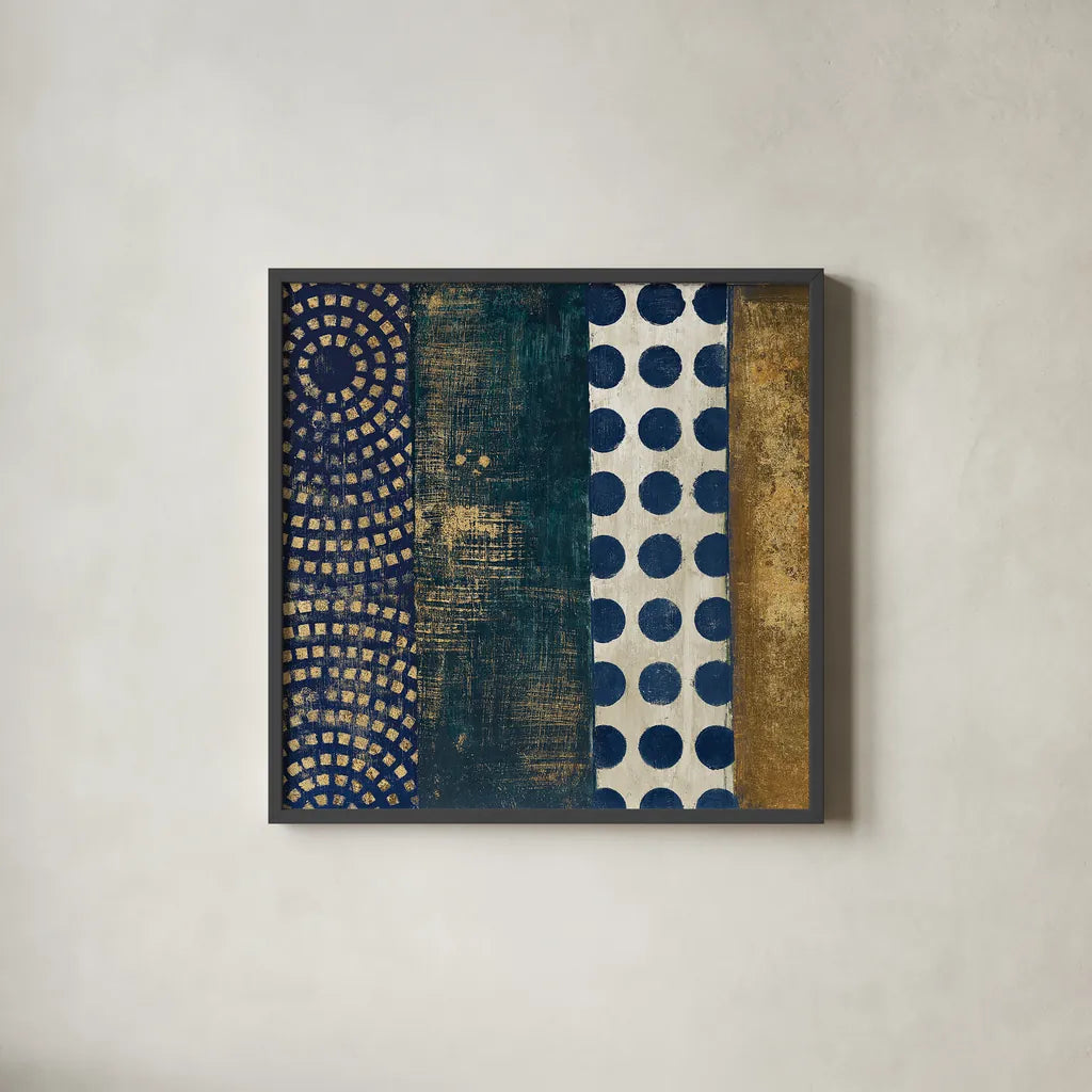 Juxtapose VI Metallic by Cheryl Warrick. Shown in a sleek black glass frame for a contemporary gallery look. Available as an archival giclee rolled canvas, fine art paper, or poster print. SKU 19256a.