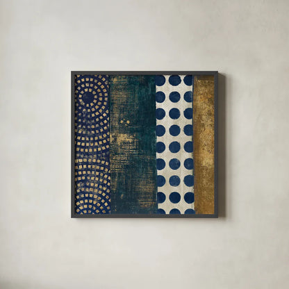 Juxtapose VI Metallic by Cheryl Warrick. Shown in a sleek black glass frame for a contemporary gallery look. Available as an archival giclee rolled canvas, fine art paper, or poster print. SKU 19256a.