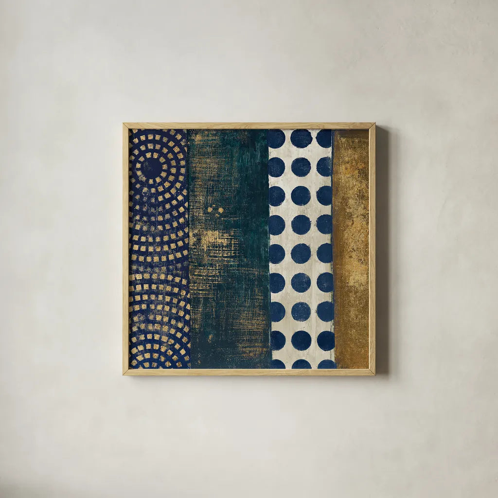 Juxtapose VI Metallic by Cheryl Warrick. Shown in a natural wood glass frame for a timeless modern aesthetic. Available as an archival giclee rolled canvas, fine art paper, or poster print. SKU 19256a.