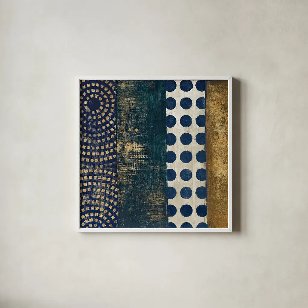 Juxtapose VI Metallic by Cheryl Warrick. Shown in a crisp white glass frame for a clean and minimalist style. Available as an archival giclee rolled canvas, fine art paper, or poster print. SKU 19256a.