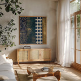 Juxtapose VI Metallic by Cheryl Warrick. Shown in a natural wood frame in a cozy modern living room. Available as an archival giclee rolled canvas, fine art paper, or poster print. SKU 19256a.
