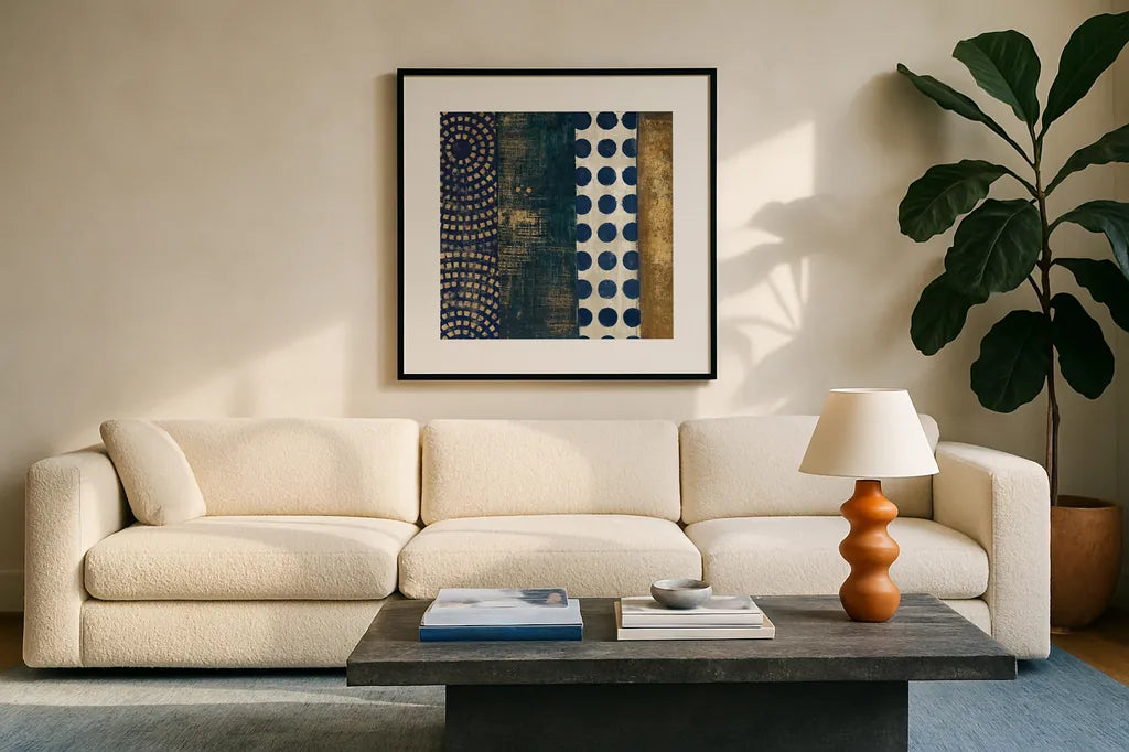 Juxtapose VI Metallic by Cheryl Warrick. Displayed in a glass frame with matte in a clean modern living room. Available as an archival giclee rolled canvas, fine art paper, or poster print. SKU 19256a.